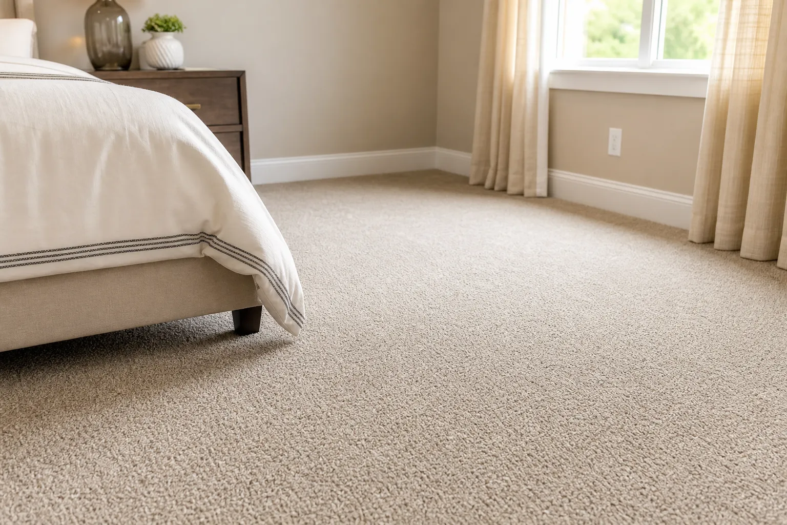 Plush neutral carpet professionally installed in a cozy bedroom