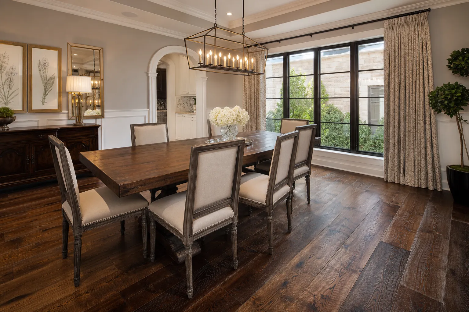 Finished formal dining room with rich wide-plank hardwood flooring