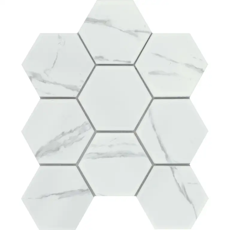 Elegan Calacata — 4×4/10×11 matte Emser Tile hex mosaic swatch