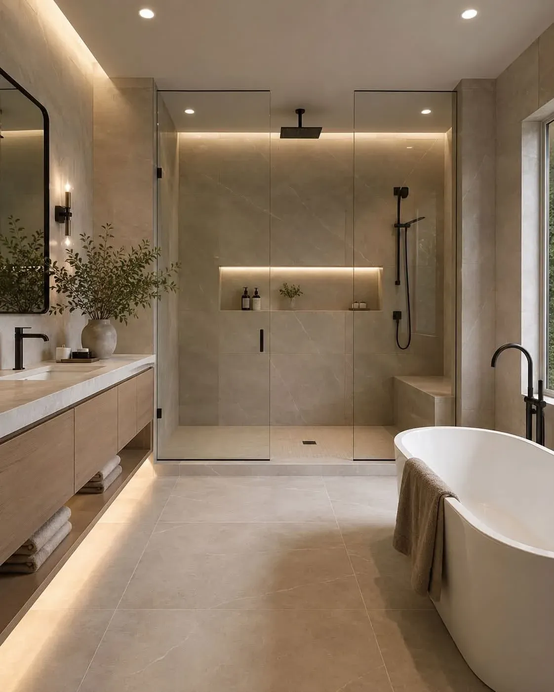Finished luxury bathroom with warm stone tile, a floating vanity, and an illuminated shower niche