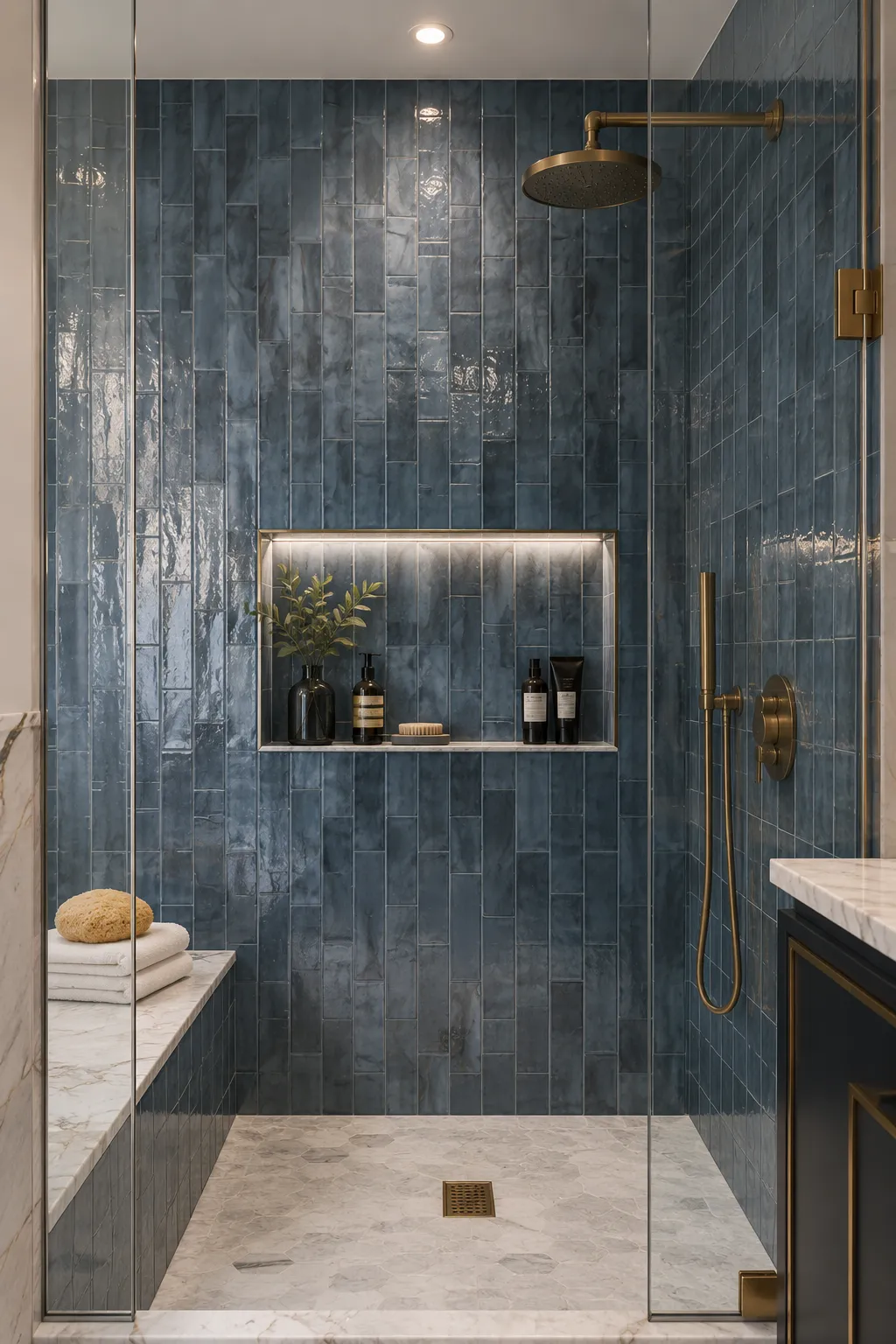 Finished walk-in shower with glossy blue tile, a lit niche, and brass fixtures