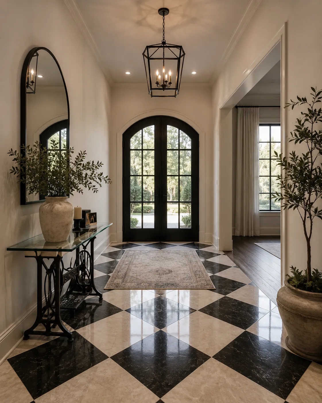 Finished luxury entry with polished black-and-cream checkerboard tile
