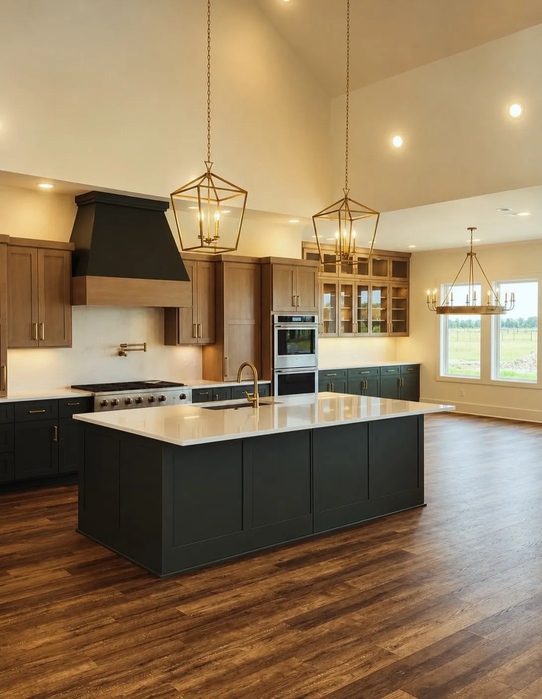 Finished custom kitchen with rich dark hardwood flooring