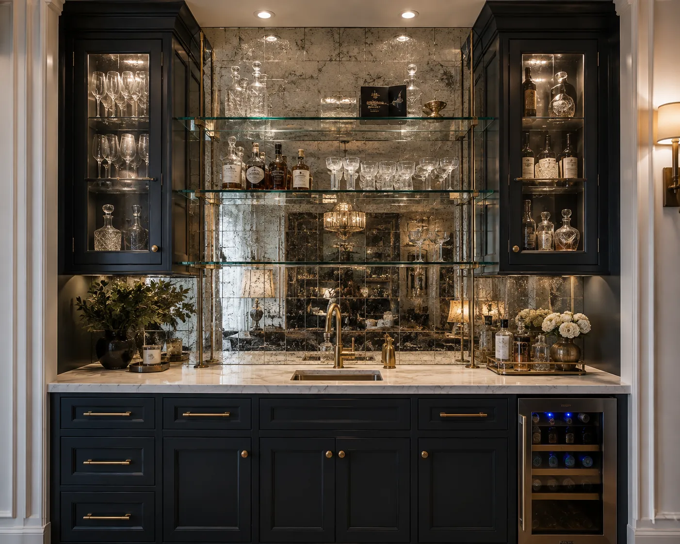 Finished wet bar with antiqued mirror tile, black cabinetry, and brass accents