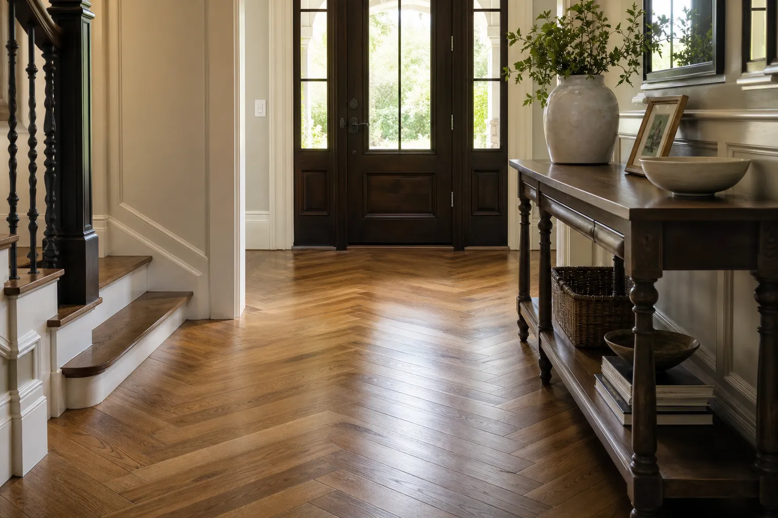 Finished entry with warm herringbone hardwood flooring