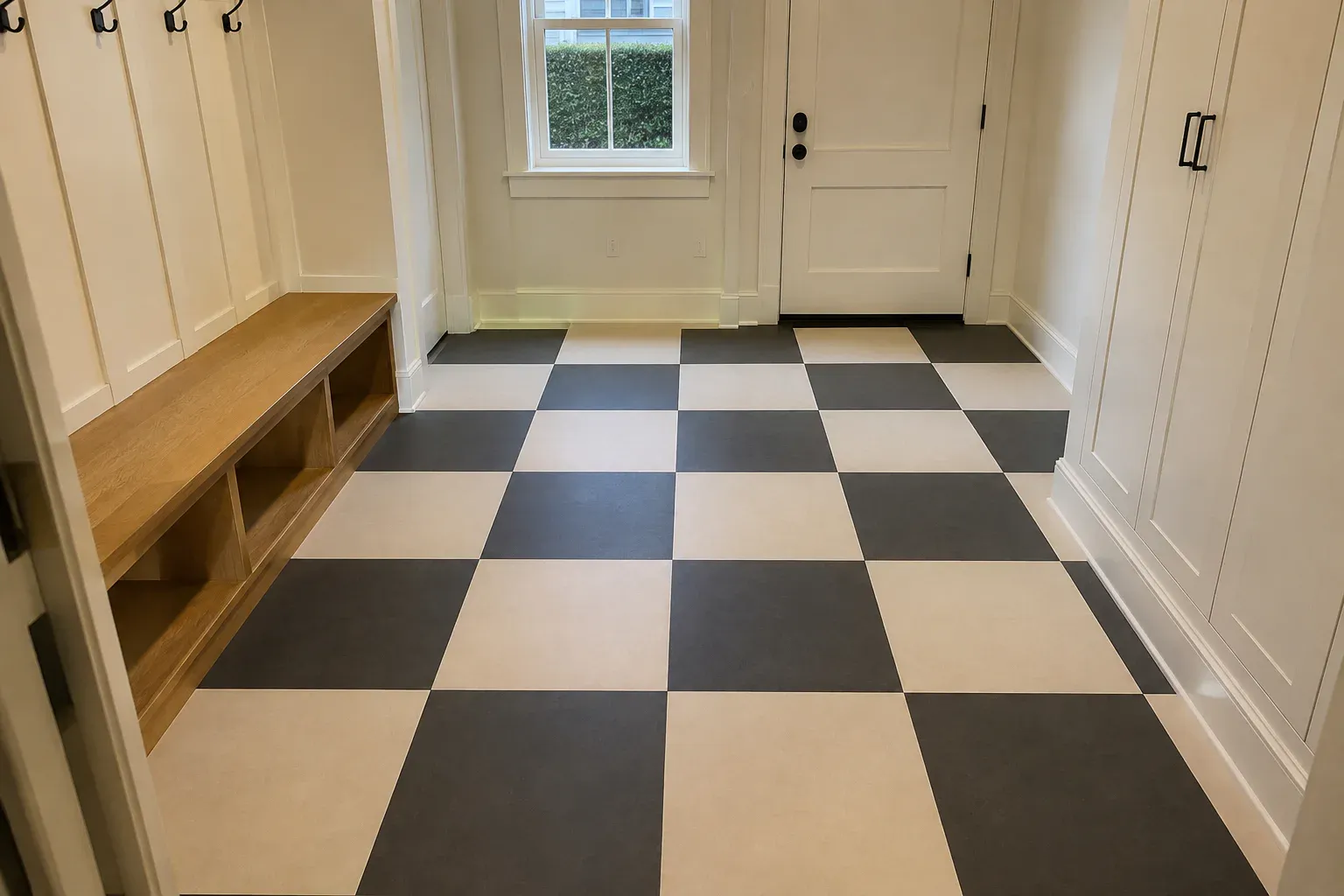 Selection concept showing a finished mudroom with matte charcoal and ivory checkerboard tile