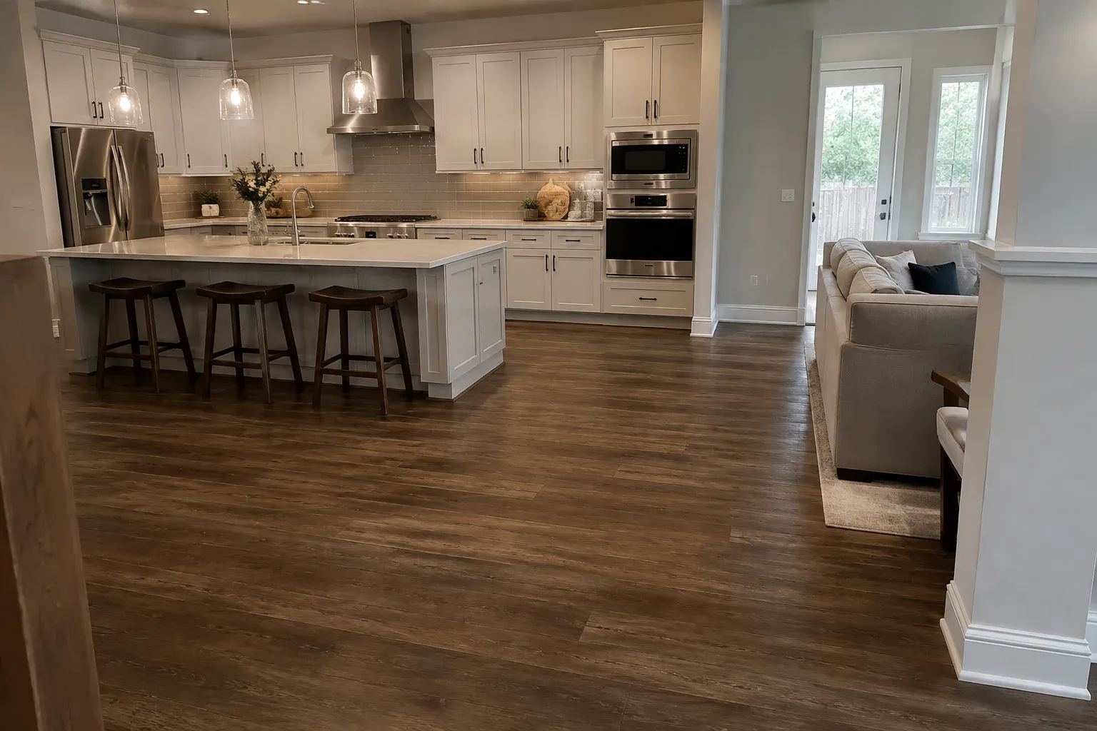 Selection concept showing a finished open kitchen with dark warm wood-look flooring and a taupe tile backsplash