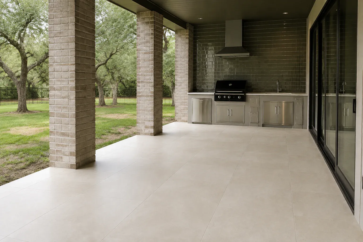 Selection concept showing a finished covered patio with sand-tone porcelain pavers and olive tile