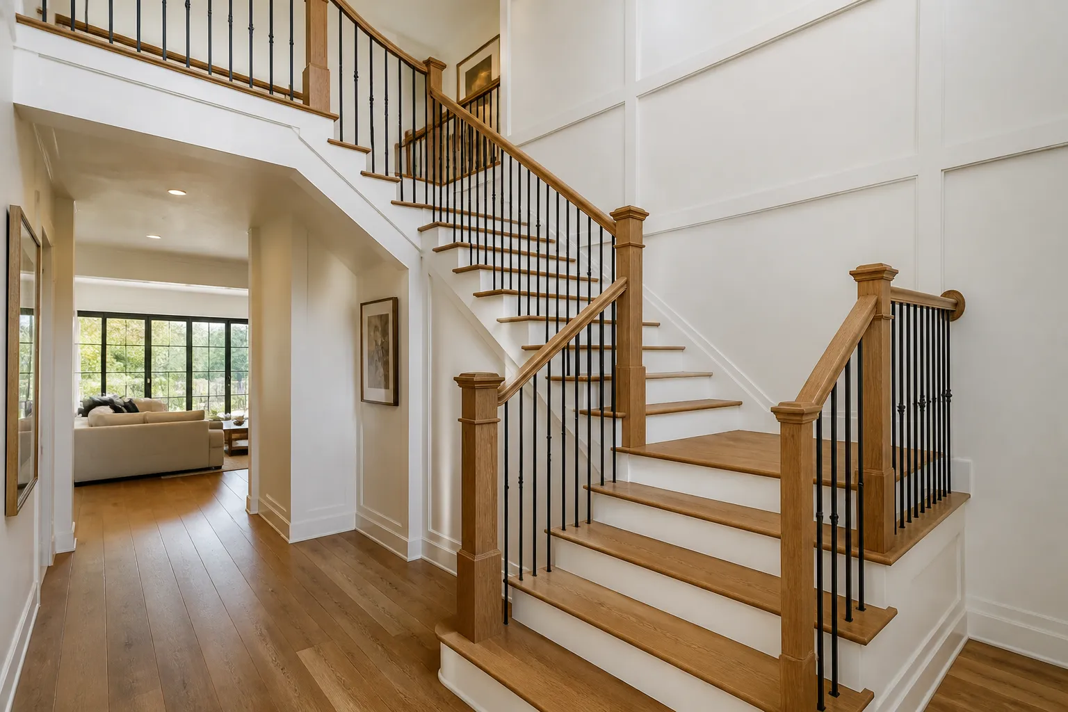 Luxury finished staircase with natural oak treads, white risers, and black iron balusters