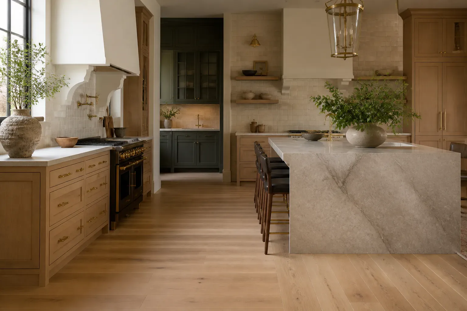 Luxury custom kitchen with wide-plank white oak flooring and a handmade tile backsplash