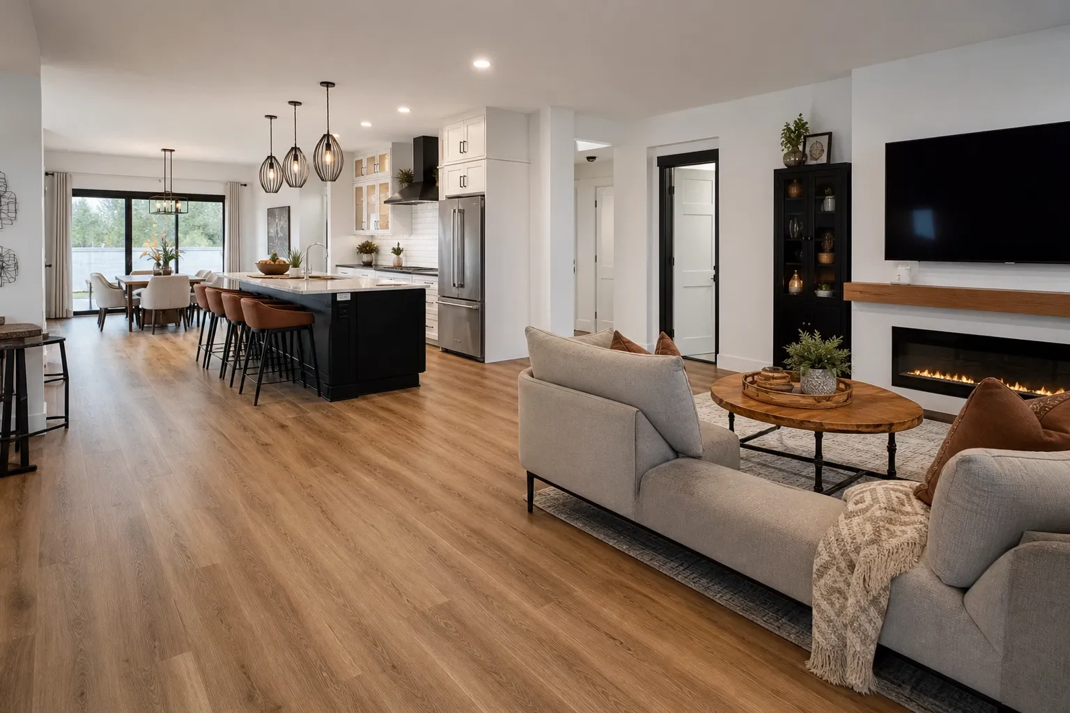 Finished open-concept living space with natural wood flooring