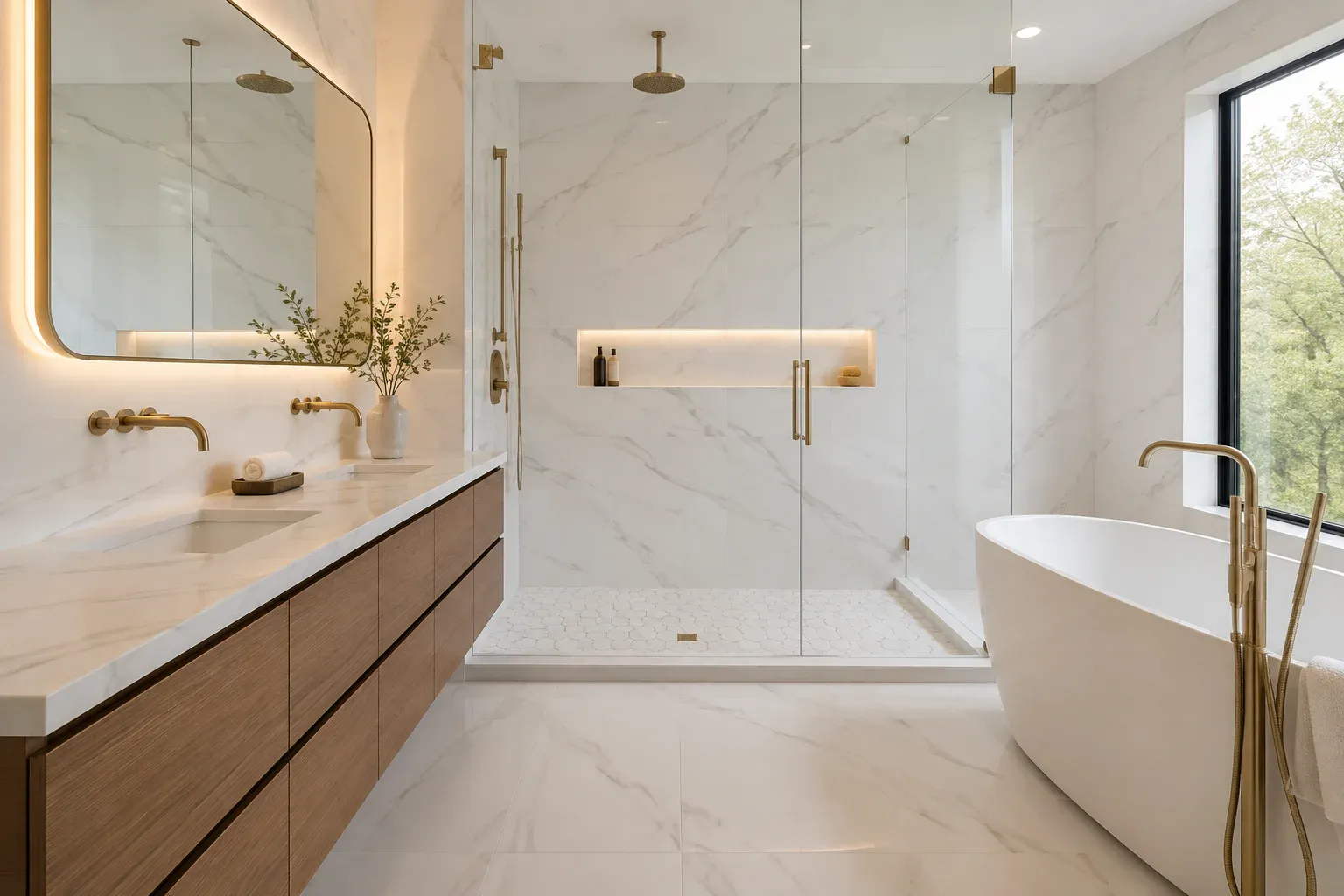 Selection concept showing a luxury primary bathroom with Calacatta-look porcelain and hex mosaic tile