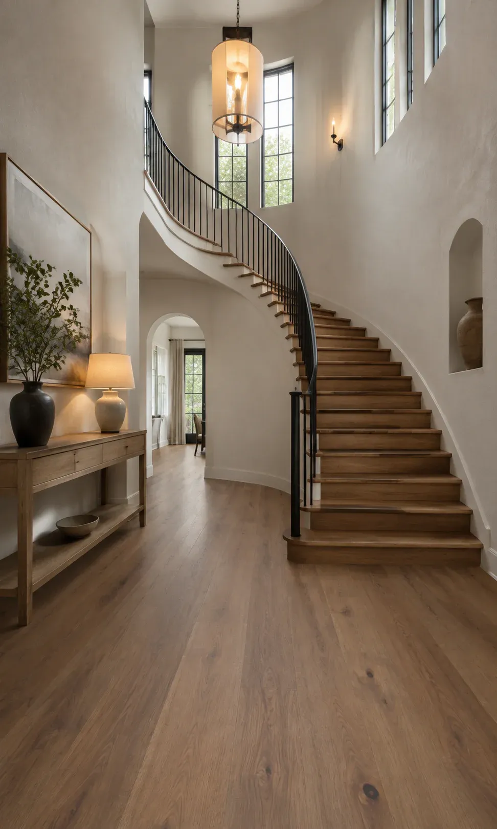 Selection concept showing a curved staircase and foyer finished in warm wide-plank pecan hardwood