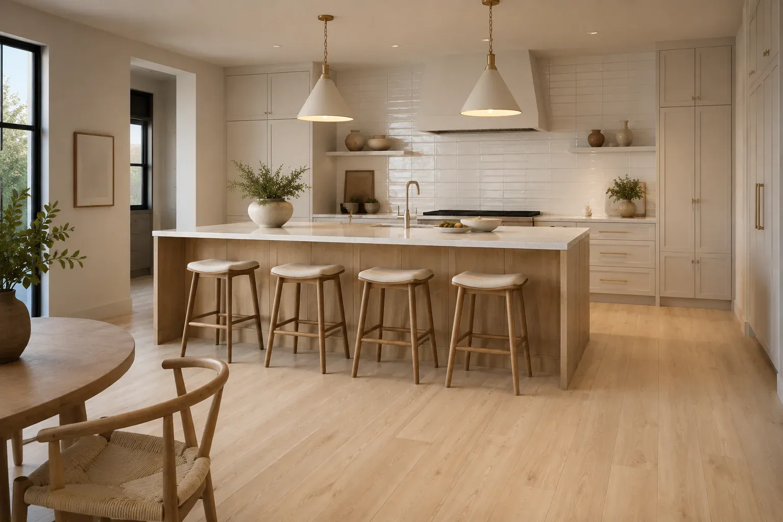 Selection concept showing a luxury kitchen with pale chestnut flooring and glossy white tile backsplash