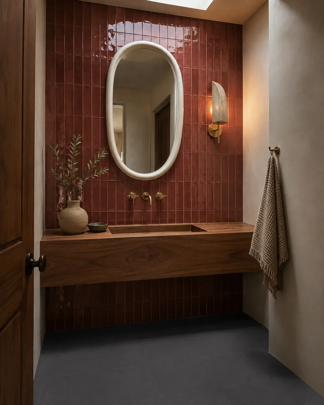 Selection concept showing a finished powder room with ruby glazed wall tile and charcoal porcelain flooring