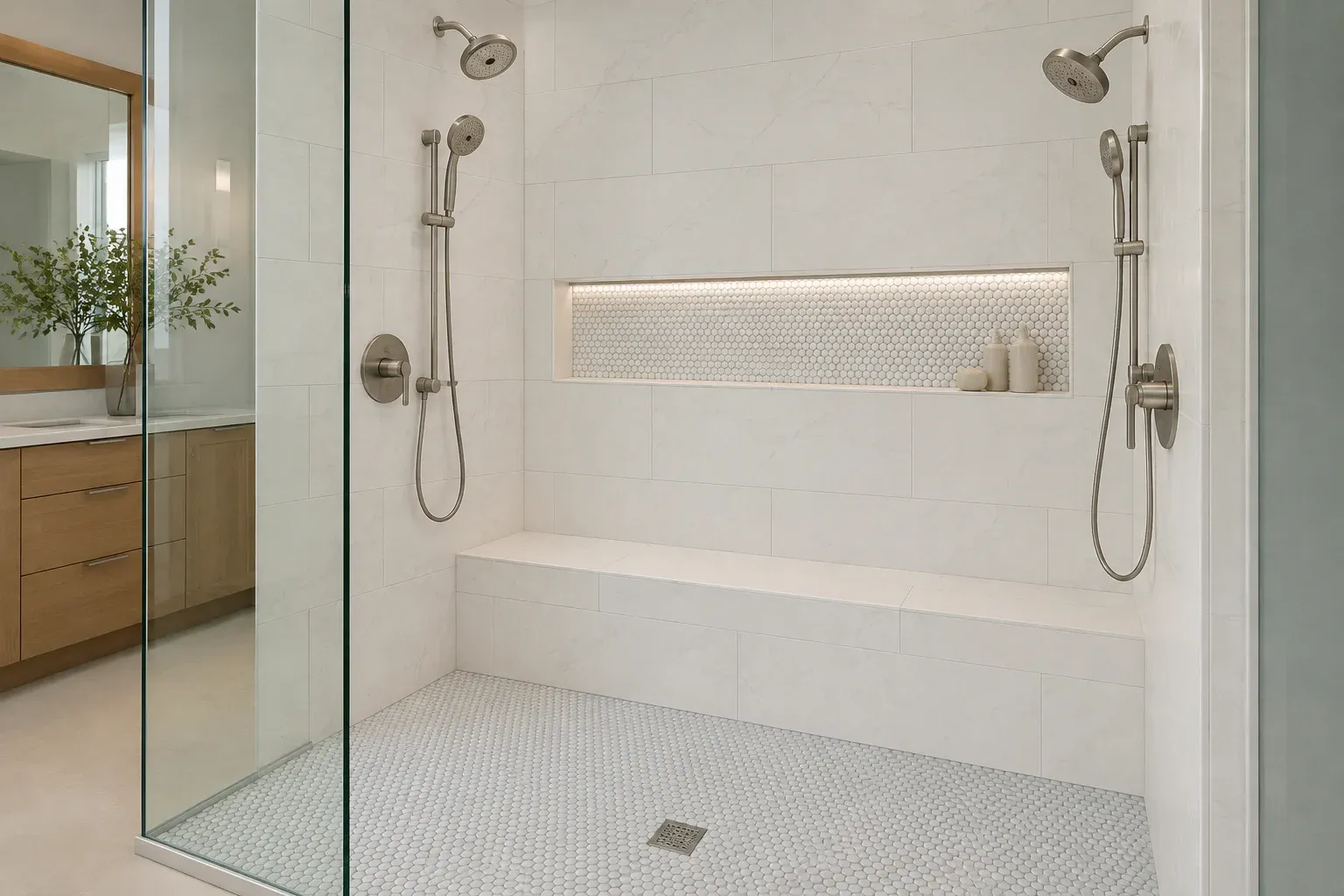 Selection concept showing a finished spa shower with white porcelain and pale gray penny mosaic tile